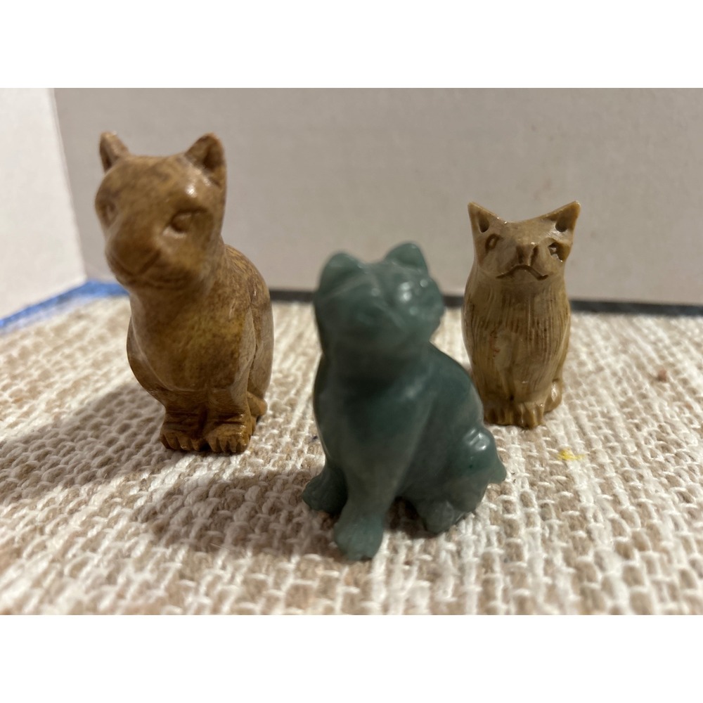 Vintage Hand Carved Stone Cat Figurines Set of 3 Green Tan Brown Miniature Cats